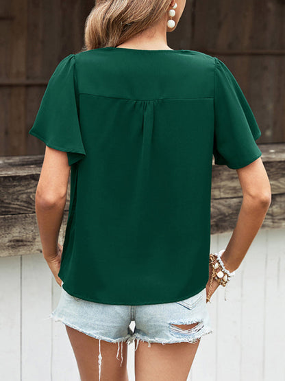 Blouses- Women's V-neck Flutter Sleeve Blouses - Button Front Tops- - IndioGear Fashion and Gear