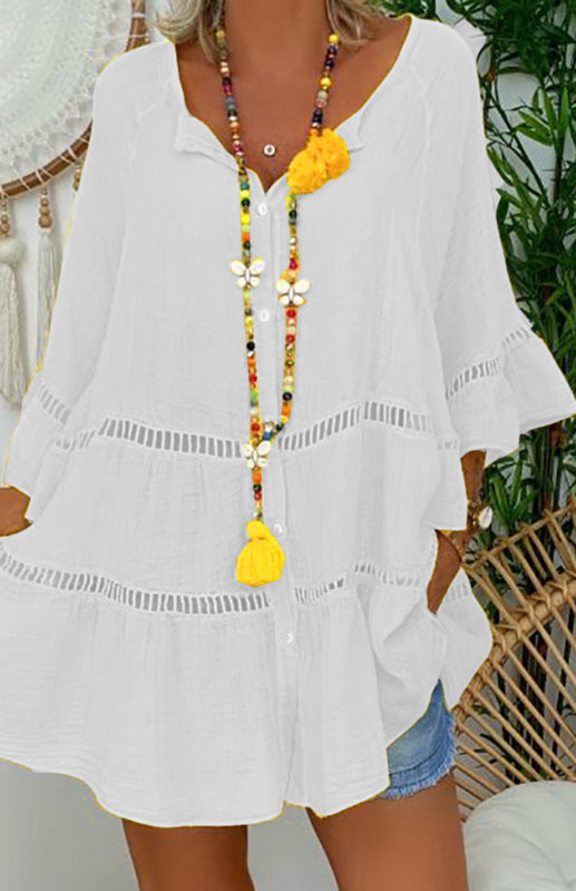 Blouses- Women's Vacation: Oversized Button-Down 3/4 Sleeves Cotton Shirt- White- IndioGear Fashion and Gear