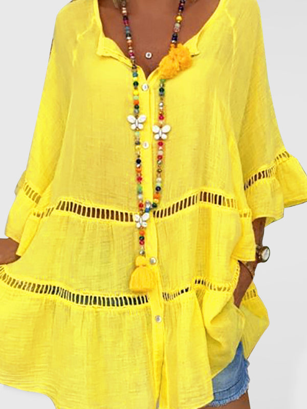 Blouses- Women's Vacation: Oversized Button-Down 3/4 Sleeves Cotton Shirt- Yellow- IndioGear Fashion and Gear