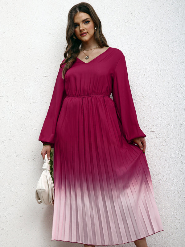 Blouson Dresses- Gradient Pleated Plus Size Blouson Dress with Long Sleeves- - IndioGear Fashion and Gear