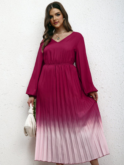 Blouson Dresses- Gradient Pleated Plus Size Blouson Dress with Long Sleeves- - IndioGear Fashion and Gear