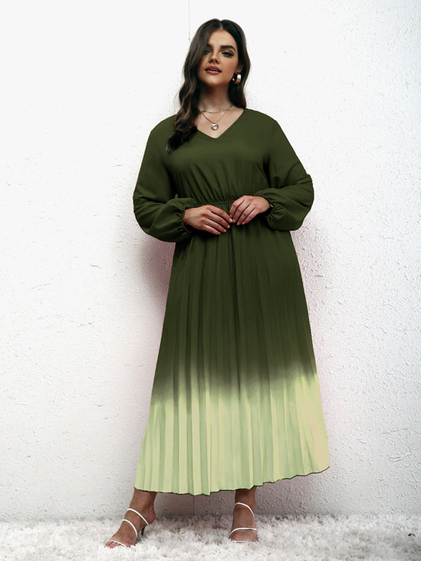 Blouson Dresses- Gradient Pleated Plus Size Blouson Dress with Long Sleeves- - IndioGear Fashion and Gear