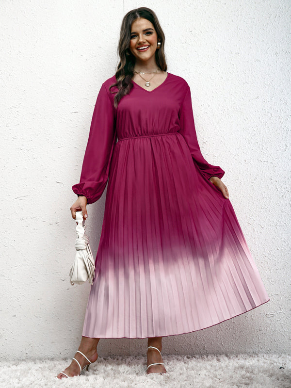 Blouson Dresses- Gradient Pleated Plus Size Blouson Dress with Long Sleeves- Purplish red- IndioGear Fashion and Gear