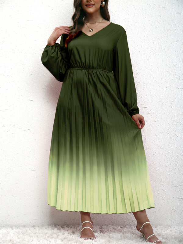 Blouson Dresses- Gradient Pleated Plus Size Blouson Dress with Long Sleeves- Green black jasper- IndioGear Fashion and Gear