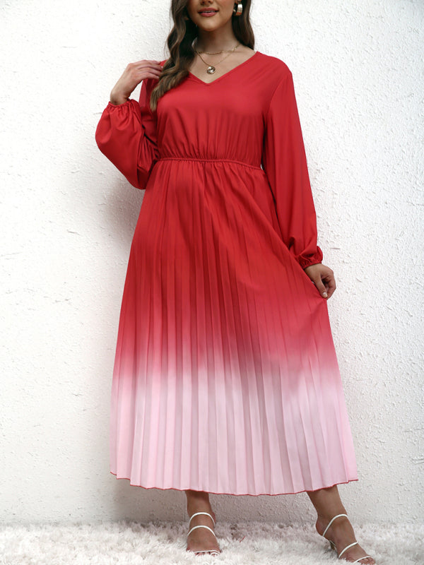 Blouson Dresses- Gradient Pleated Plus Size Blouson Dress with Long Sleeves- Watermelon Red- IndioGear Fashion and Gear