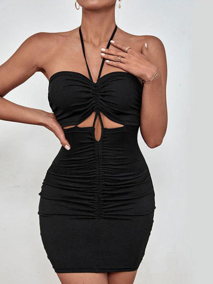 Bodycon Dresses- Backless Bodycon Mini Dress: Ruched Cut Out, Halter Neck - Shop Today!- - IndioGear Fashion and Gear