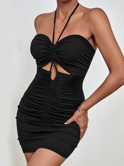 Bodycon Dresses- Backless Bodycon Mini Dress: Ruched Cut Out, Halter Neck - Shop Today!- - IndioGear Fashion and Gear