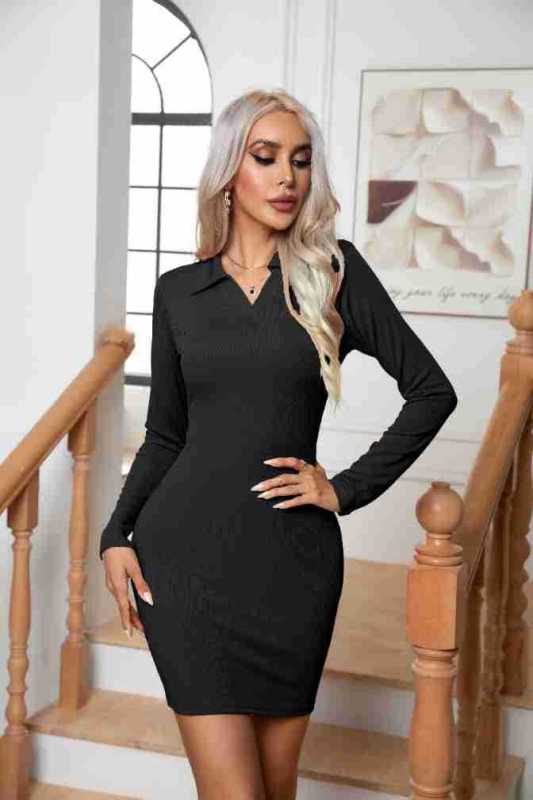 Basic Long Sleeve Easy Fit Collared Pencil Mini Dress | Bodycon Dresses | Pekosa Women Clothing