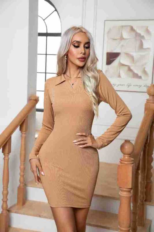 Basic Long Sleeve Easy Fit Collared Pencil Mini Dress | Bodycon Dresses | Pekosa Women Clothing