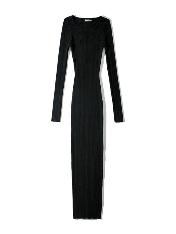 Body-Hugging Ribbed Midi Dress with Long Sleeves