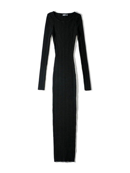 Body-Hugging Ribbed Midi Dress with Long Sleeves