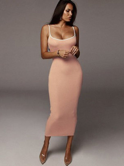 Bodycon Dresses- Bodycon Cami Midi Dress in Contrast Binding- Pink- IndioGear Fashion and Gear