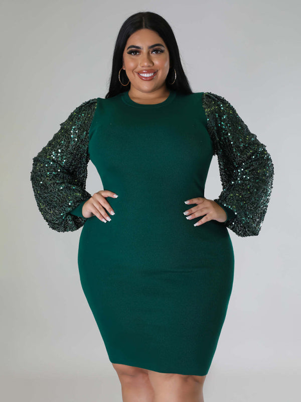 Bodycon Dresses- Curvy Plus Size Sequin Bodycon Dress with Long Sleeves- - IndioGear Fashion and Gear