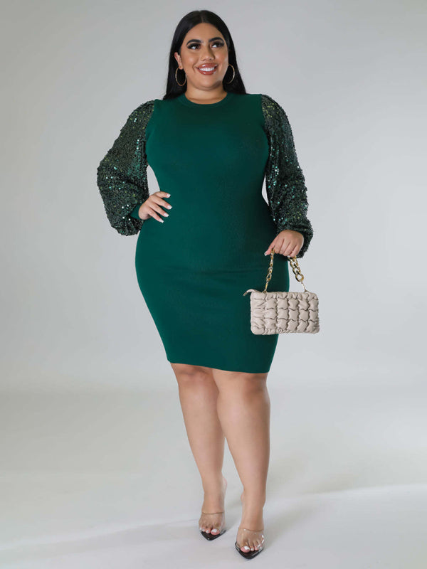 Bodycon Dresses- Curvy Plus Size Sequin Bodycon Dress with Long Sleeves- - IndioGear Fashion and Gear