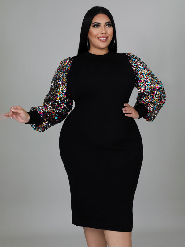 Bodycon Dresses- Curvy Plus Size Sequin Bodycon Dress with Long Sleeves- - IndioGear Fashion and Gear