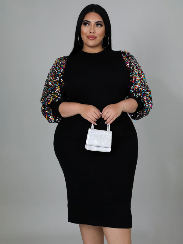 Bodycon Dresses- Curvy Plus Size Sequin Bodycon Dress with Long Sleeves- - IndioGear Fashion and Gear