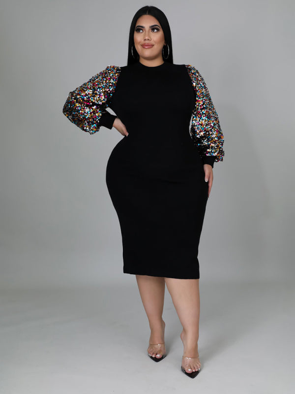 Bodycon Dresses- Curvy Plus Size Sequin Bodycon Dress with Long Sleeves- - IndioGear Fashion and Gear