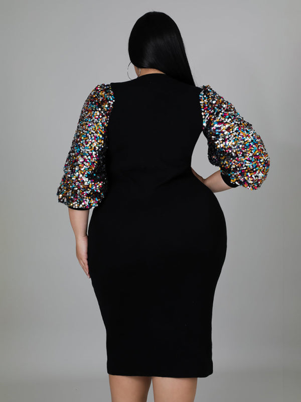 Bodycon Dresses- Curvy Plus Size Sequin Bodycon Dress with Long Sleeves- - IndioGear Fashion and Gear