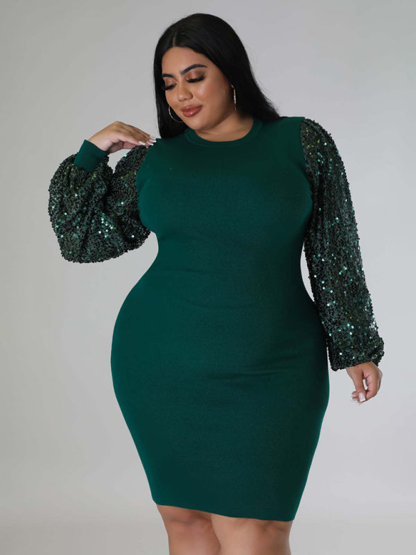 Bodycon Dresses- Curvy Plus Size Sequin Bodycon Dress with Long Sleeves- - IndioGear Fashion and Gear