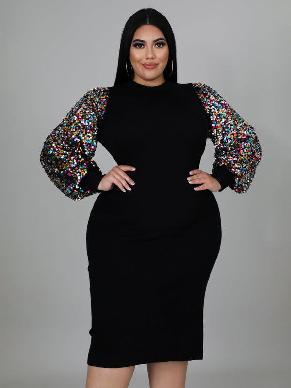 Bodycon Dresses- Curvy Plus Size Sequin Bodycon Dress with Long Sleeves- Black- IndioGear Fashion and Gear