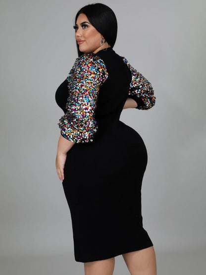 Bodycon Dresses- Curvy Plus Size Sequin Bodycon Dress with Long Sleeves- - IndioGear Fashion and Gear