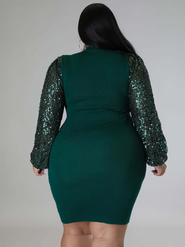 Bodycon Dresses- Curvy Plus Size Sequin Bodycon Dress with Long Sleeves- - IndioGear Fashion and Gear