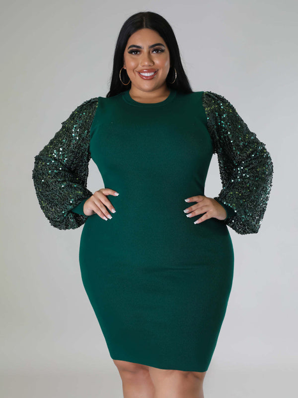 Bodycon Dresses- Curvy Plus Size Sequin Bodycon Dress with Long Sleeves- Green- IndioGear Fashion and Gear