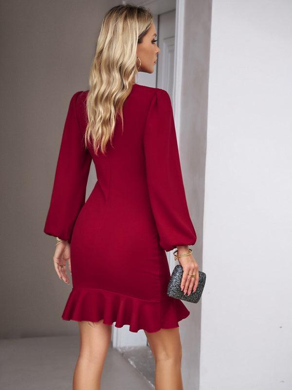 Bodycon Dresses- Elegant Solid Bodycon Ruffle Long Sleeve Dress- - IndioGear Fashion and Gear