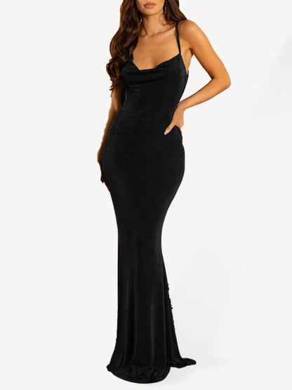 Bodycon Dresses- Elegant Solid Cowl Sleeveless Bodycon Mermaid Maxi Dress- Black- IndioGear Fashion and Gear