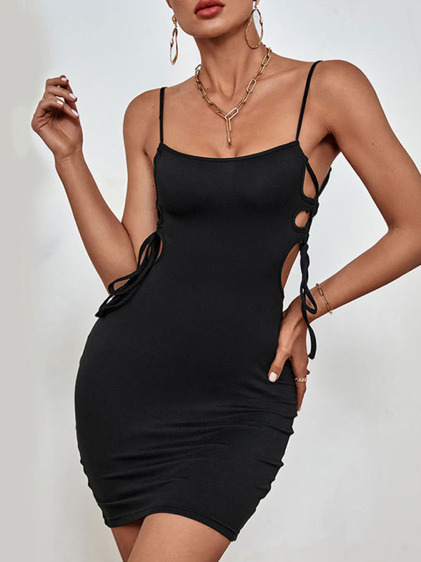 Bodycon Dresses- Elegant Solid Cutout Sides Bodycon Mini Dress- Black- IndioGear Fashion and Gear