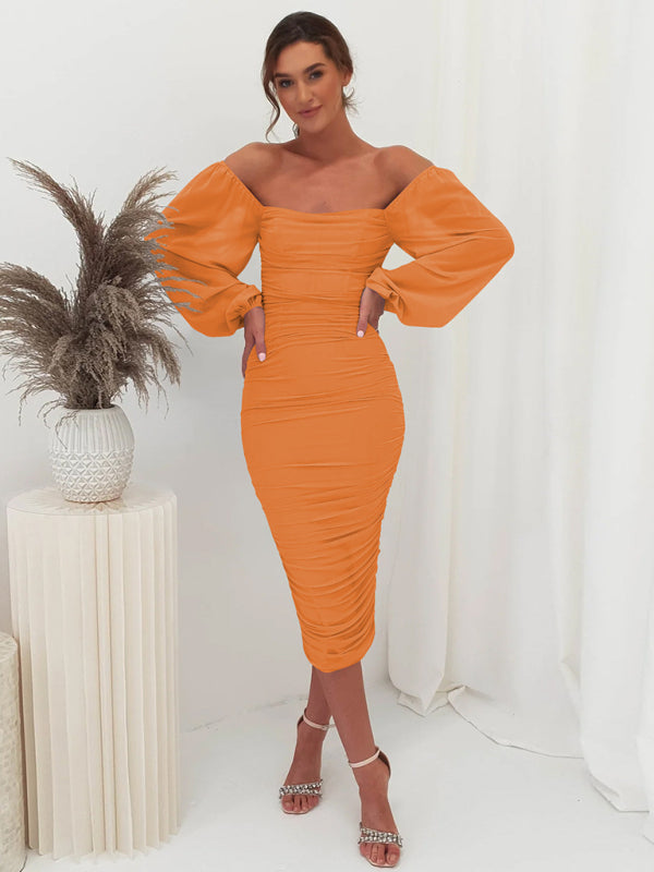 Bodycon Dresses- Elegant Solid Ruched Bodycon Lantern Sleeve Midi Dress- Orange- IndioGear Clothing and Gear