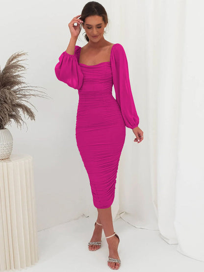 Bodycon Dresses- Elegant Solid Ruched Bodycon Lantern Sleeve Midi Dress- - IndioGear Clothing and Gear