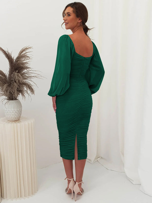 Bodycon Dresses- Elegant Solid Ruched Bodycon Lantern Sleeve Midi Dress- - IndioGear Clothing and Gear