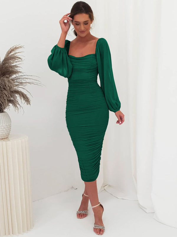 Bodycon Dresses- Elegant Solid Ruched Bodycon Lantern Sleeve Midi Dress- - IndioGear Clothing and Gear