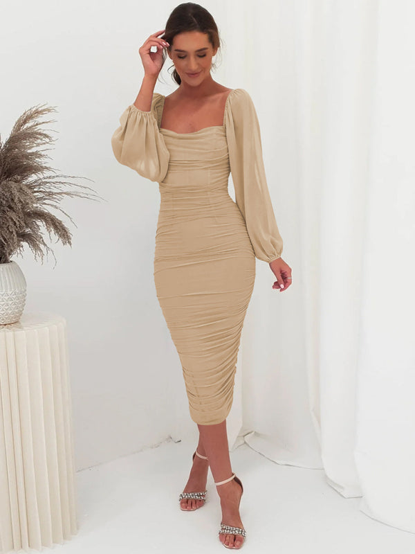 Bodycon Dresses- Elegant Solid Ruched Bodycon Lantern Sleeve Midi Dress- - IndioGear Clothing and Gear