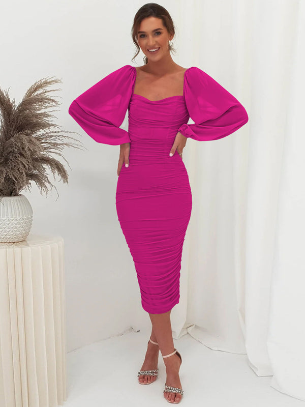 Bodycon Dresses- Elegant Solid Ruched Bodycon Lantern Sleeve Midi Dress- - IndioGear Clothing and Gear