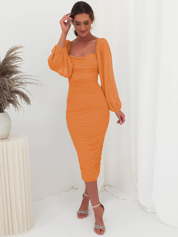 Bodycon Dresses- Elegant Solid Ruched Bodycon Lantern Sleeve Midi Dress- - IndioGear Clothing and Gear