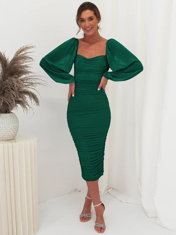 Bodycon Dresses- Elegant Solid Ruched Bodycon Lantern Sleeve Midi Dress- Green- IndioGear Clothing and Gear