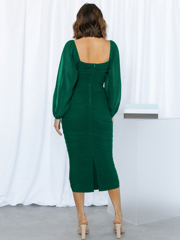 Bodycon Dresses- Elegant Solid Ruched Bodycon Lantern Sleeve Midi Dress- - IndioGear Clothing and Gear