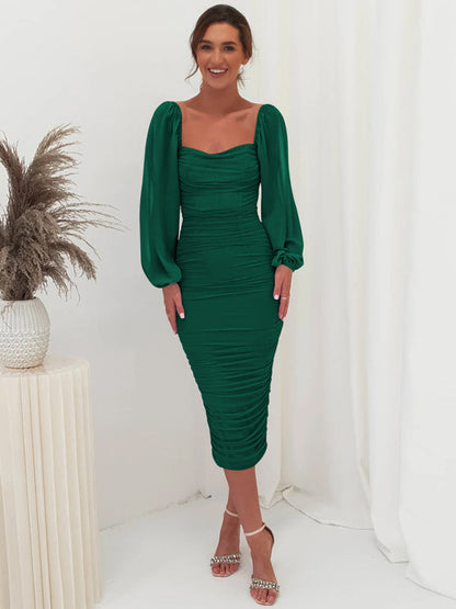 Bodycon Dresses- Elegant Solid Ruched Bodycon Lantern Sleeve Midi Dress- - IndioGear Clothing and Gear