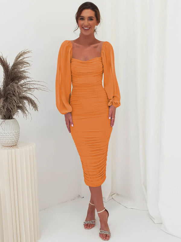 Bodycon Dresses- Elegant Solid Ruched Bodycon Lantern Sleeve Midi Dress- - IndioGear Clothing and Gear