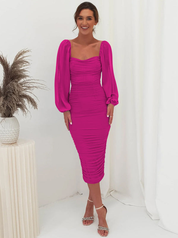 Bodycon Dresses- Elegant Solid Ruched Bodycon Lantern Sleeve Midi Dress- - IndioGear Clothing and Gear