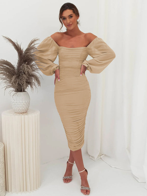 Bodycon Dresses- Elegant Solid Ruched Bodycon Lantern Sleeve Midi Dress- Cracker khaki- IndioGear Clothing and Gear