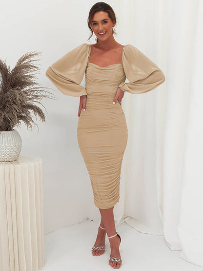 Bodycon Dresses- Elegant Solid Ruched Bodycon Lantern Sleeve Midi Dress- - IndioGear Clothing and Gear