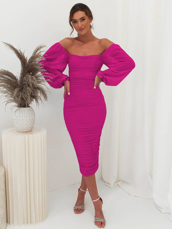 Bodycon Dresses- Elegant Solid Ruched Bodycon Lantern Sleeve Midi Dress- Rose- IndioGear Clothing and Gear