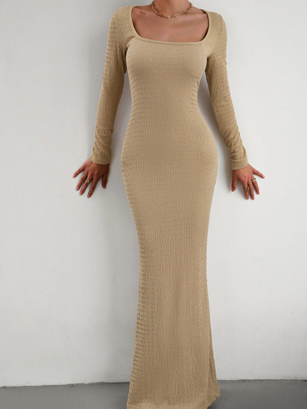 Bodycon Dresses- Knitted Mermaid Bodycon Maxi Dress with Long Sleeves, Square Neck- - Pekosa Women Clothing