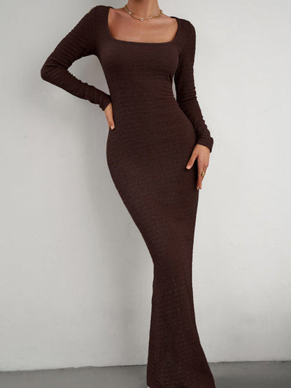 Bodycon Dresses- Knitted Mermaid Bodycon Maxi Dress with Long Sleeves, Square Neck- - Pekosa Women Clothing