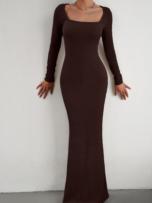 Bodycon Dresses- Knitted Mermaid Bodycon Maxi Dress with Long Sleeves, Square Neck- - Pekosa Women Clothing