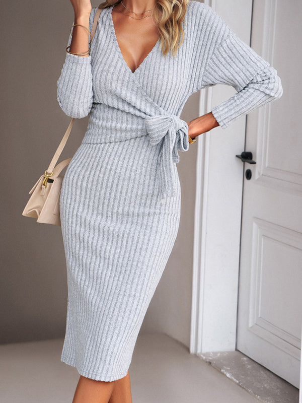 Bodycon Dresses- Ribbed Bodycon Surplice Bowknot Long Sleeve Midi Dress- - IndioGear Fashion and Gear