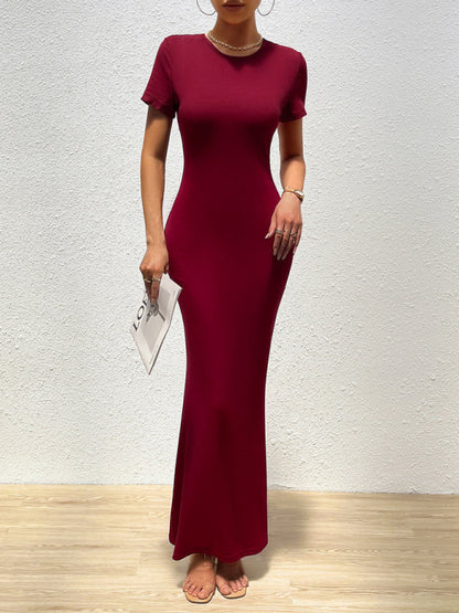 Bodycon Dresses- Solid Bodycon Maxi Dress with Short Sleeves- Wine Red- IndioGear Fashion and Gear